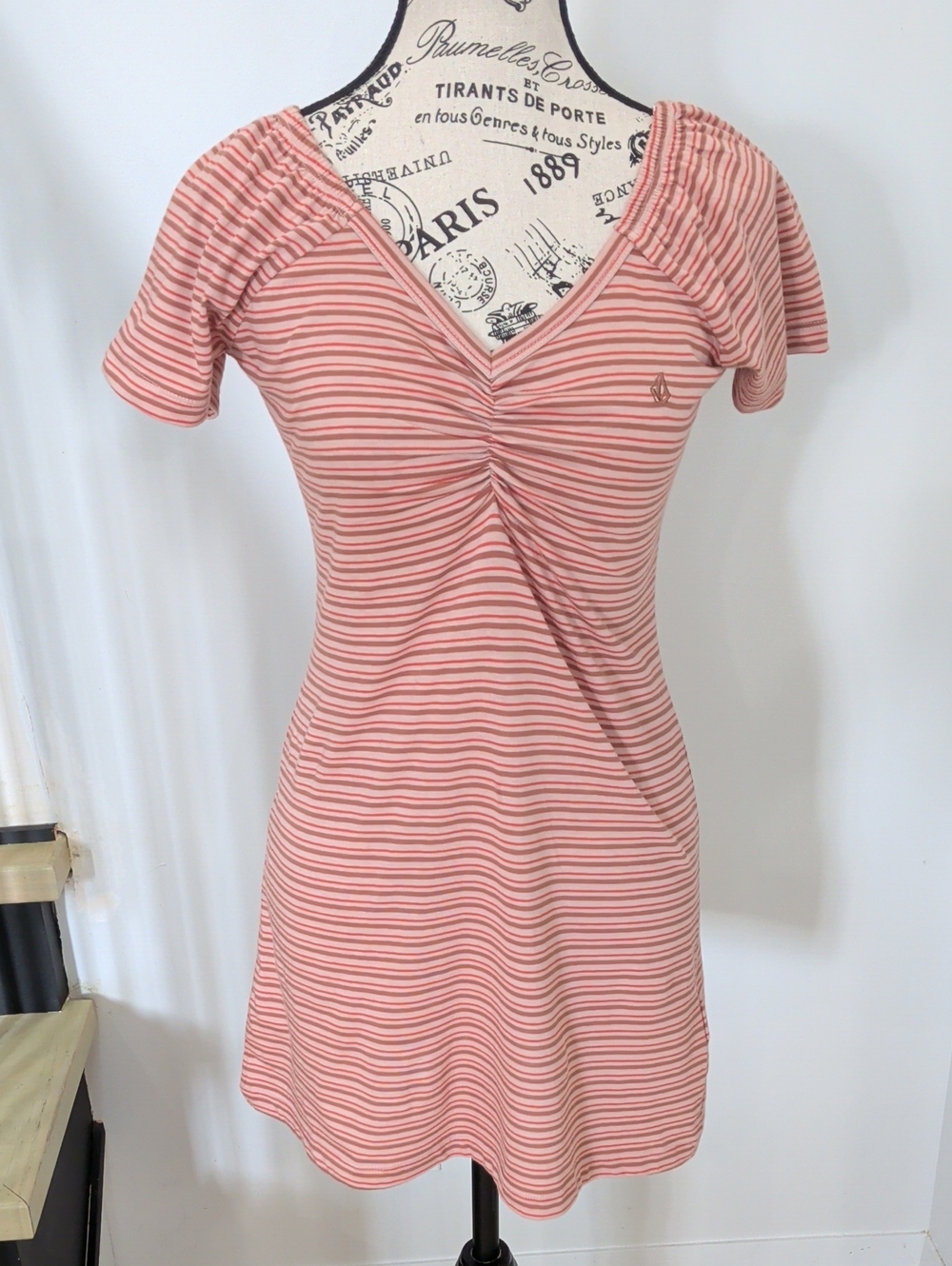 VOLCOM | Women's Red/Brown Striped V-Neck Ruched Mini Dress